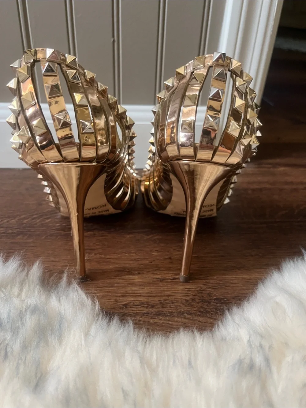 Liliana Rose Gold Studded Caged Peep-Toe Heels